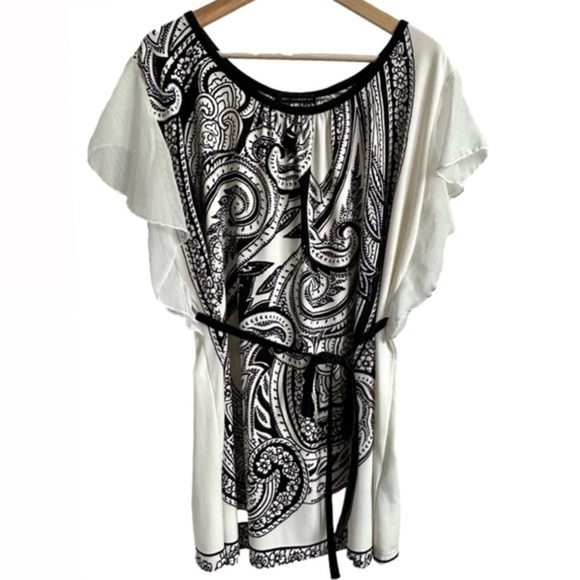 QED London Boho Tunic Top Dress White Black Paisley Flutter‎ Ruffle Sleeves - L - Picture 13 of 14